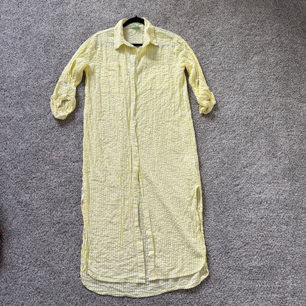 True Destination Yellow Striped 100% Cotton Slide Slit Maxi Shirt Dress Size S